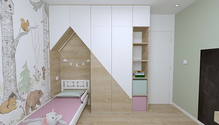 Pokój dziecięcy z łóżkiem, szafą i przytulnymi dekoracjami.