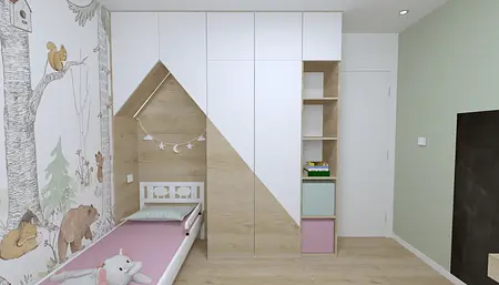 Pokój dziecięcy z łóżkiem, szafą i przytulnymi dekoracjami.