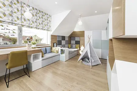 Wnętrze pokoju dziecięcego w stylu minimaluxe, nowoczesny z elementami quiet luxury i współczesnymi.
