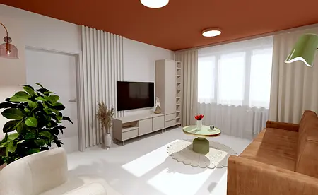 Salon z brązową sofą, zielonym stolikiem i roślinami, styl współczesny