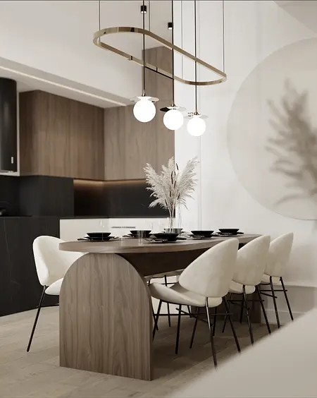 Wnętrze jadalni z drewnianym stołem i białymi krzesłami w nowoczesnym stylu.