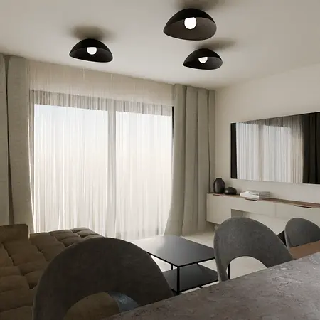 Współczesny salon z beżową sofą, szarymi zasłonami i nowoczesnymi lampami.