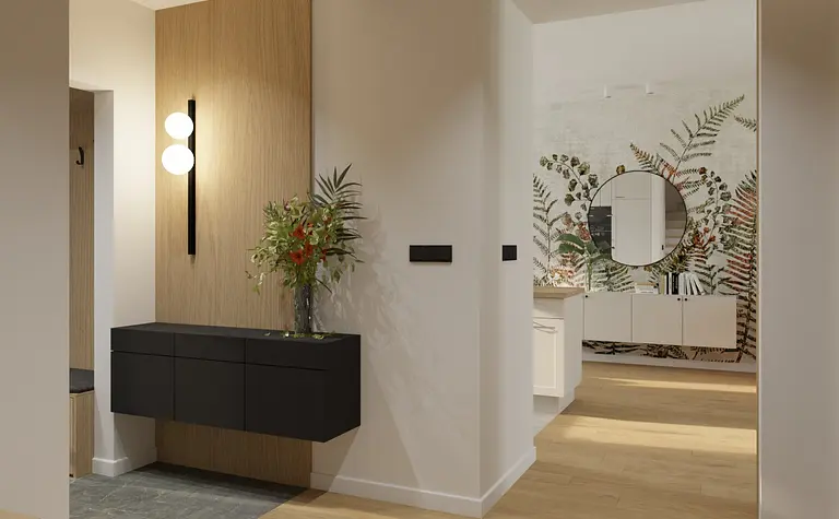Przedpokój z czarną komodą, drewnianymi elementami, roślinami. Styl dopamine decor, soft minimalizm.