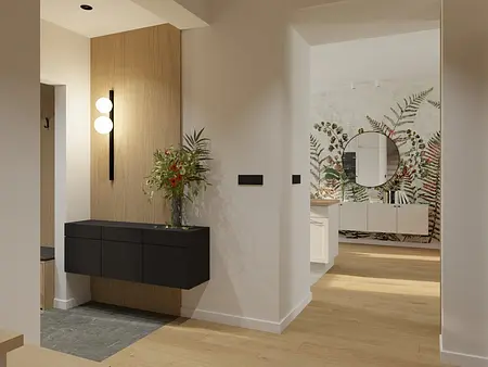 Przedpokój z czarną komodą, drewnianymi elementami, roślinami. Styl dopamine decor, soft minimalizm.