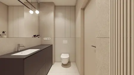 Łazienka japandi, minimaluxe, nowoczesny, soft minimalizm, współczesny: beżowe ściany, umywalka, toaleta