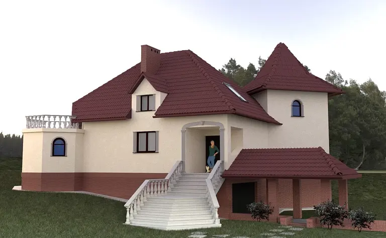 Widok domu z czerwonym dachem, białymi ścianami i ogrodem w stylu tradycyjnym.
