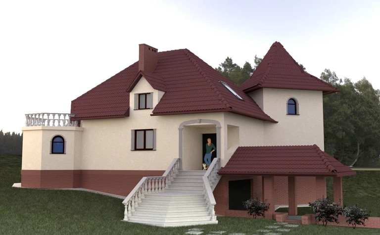 Widok domu z czerwonym dachem, białymi ścianami i ogrodem w stylu tradycyjnym.