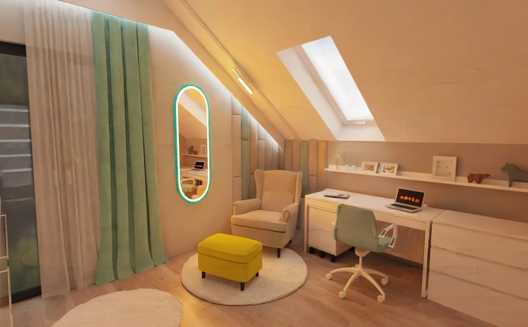 Wnętrze poddasza z biurkiem, fotelem i zielonymi zasłonami w stylach art deco, boho, japandi.