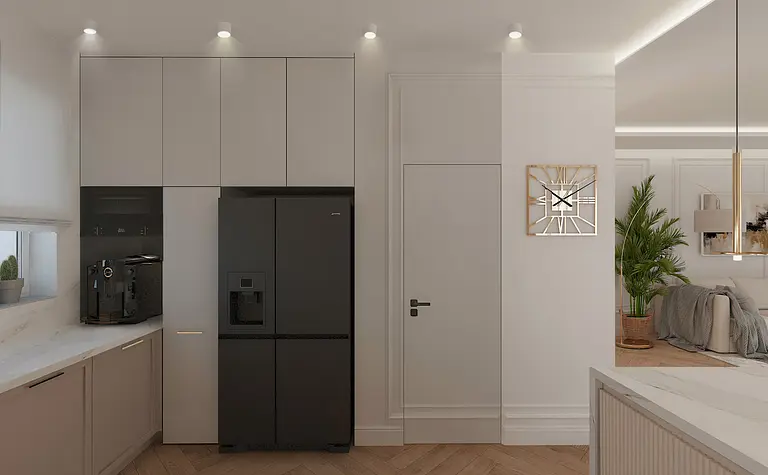 Wnętrze nowoczesnej kuchni z czarną lodówką i jasnymi meblami w stylu dopamine decor.