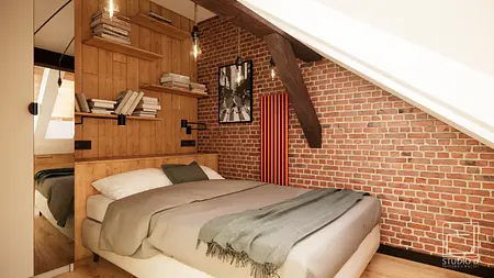 Sypialnia z brickową ścianą, drewnianymi meblami i lampami w stylu industrialnym.