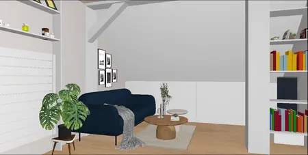 Wnętrze poddasza z niebieską sofą, drewnianym stolikiem i roślinami, minimalistyczny, nowoczesny, tradycyjny