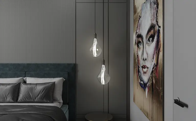 Minimalistyczna sypialnia z zielonym łóżkiem i nowoczesnymi lampami.