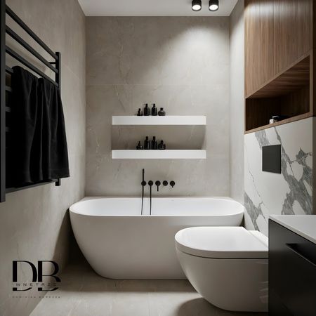 Nowoczesna łazienka w stylu japandi z białą wanną, szarymi płytkami i czarnymi dodatkami.