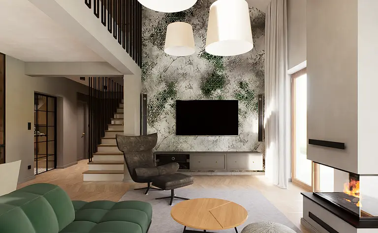 Wnętrze salonu z zieloną sofą i kominkiem w stylu industrialnym.