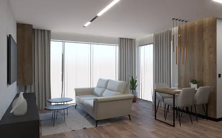 Wnętrze salonu w stylu japandi i minimalistycznym z beżową sofą i drewnianymi detalami.