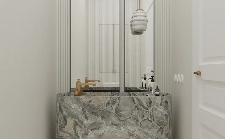 Wnętrze łazienki w stylu art deco, minimaluxe i quiet luxury z marmurową umywalką.