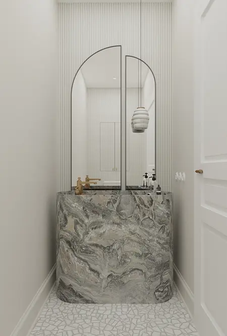 Wnętrze łazienki w stylu art deco, minimaluxe i quiet luxury z marmurową umywalką.