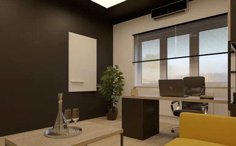 Gabinet w stylu industrialnym z biurkiem i rośliną