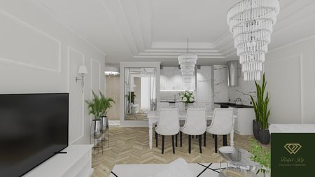 Stylowe wnętrze w glamour z białymi meblami i roślinami.