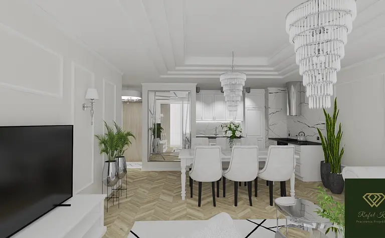 Stylowe wnętrze w glamour z białymi meblami i roślinami.