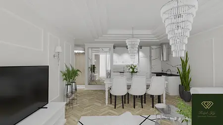 Stylowe wnętrze w glamour z białymi meblami i roślinami.