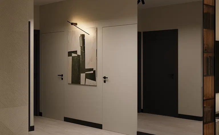 Przedpokój w stylu eklektycznym z minimalistycznym lustrem i glamour oświetleniem