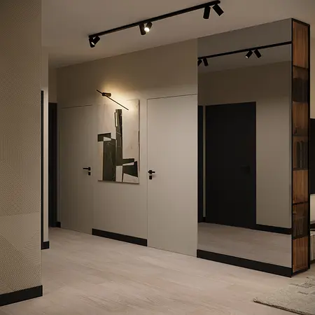 Przedpokój w stylu eklektycznym z minimalistycznym lustrem i glamour oświetleniem