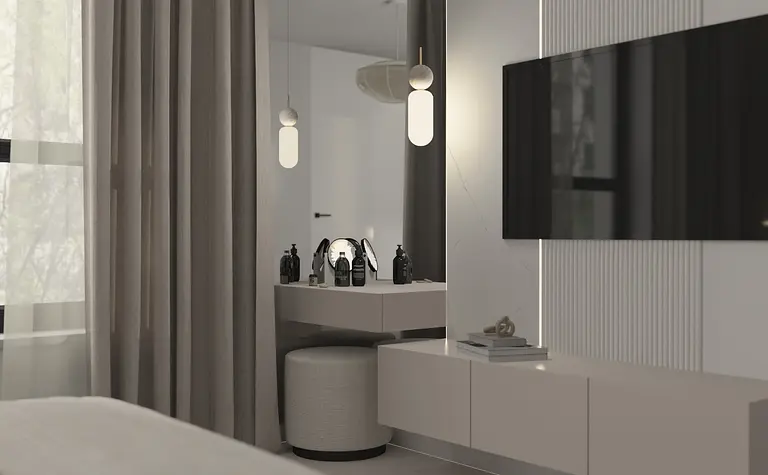 Nowoczesne wnętrze z telewizorem, szafką i dekoracjami w stylu quiet luxury.
