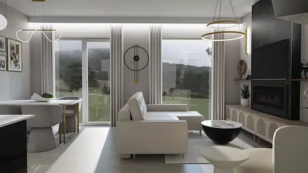 Wnętrze nowoczesnego salonu z jasnymi meblami i dużymi oknami.