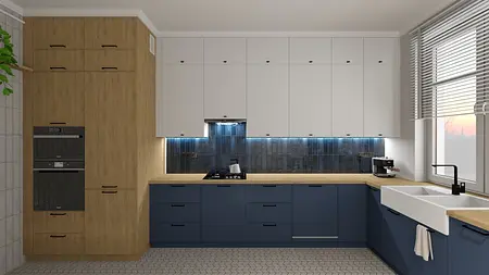 Kuchnia w stylu eklektycznym z drewnianymi meblami, art deco i minimalizmem.
