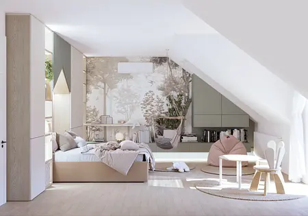 Wnętrze poddasza z jasnymi meblami i roślinnymi elementami w stylu boho i współczesnym.