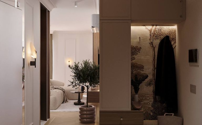 Przedpokój w stylu eklektycznym z elementami quiet luxury i tradycyjnymi akcentami.