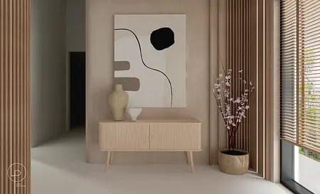 Wnętrze w stylu japandi z jasnymi meblami i dekoracjami.
