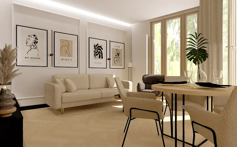 Wnętrze salonu w stylu art deco i minimaluxe z jasnymi meblami.