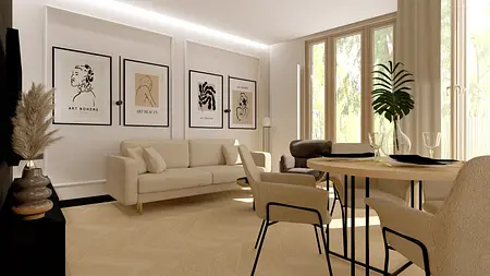 Wnętrze salonu w stylu art deco i minimaluxe z jasnymi meblami.