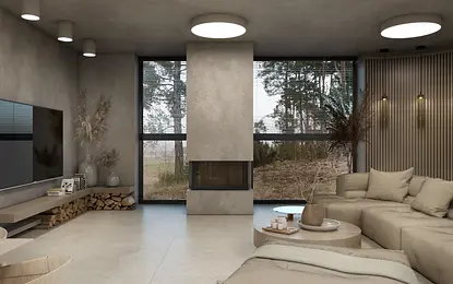 Wnętrze salonu w stylu boho i skandynawskim z beżową sofą, drewnianymi akcentami i oknami.