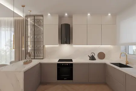 Nowoczesna kuchnia z marmurowym blatem i jasnymi meblami, styl dopamine decor.