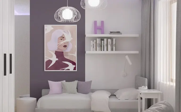 Wnętrze pokoju dziecięcego w stylu japandi i minimalistycznym z szarym łóżkiem.