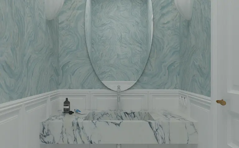 Mała łazienka z marmurową umywalką, niebieskimi ścianami i stylami art deco, minimaluxe, quiet luxury.