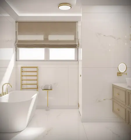 Nowoczesna łazienka z białą wanną i złotymi detalami, styl quiet luxury.