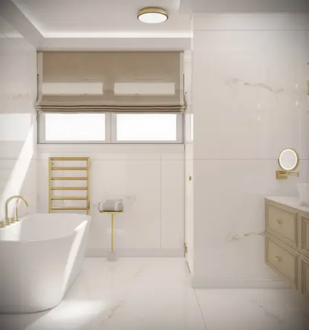 Nowoczesna łazienka z białą wanną i złotymi detalami, styl quiet luxury.