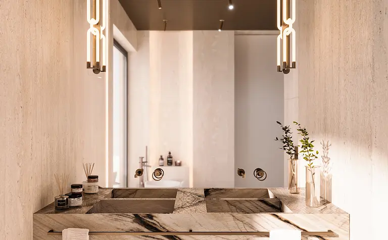 Nowoczesna łazienka z marmurową umywalką i drewnianymi detalami, styl quiet luxury.