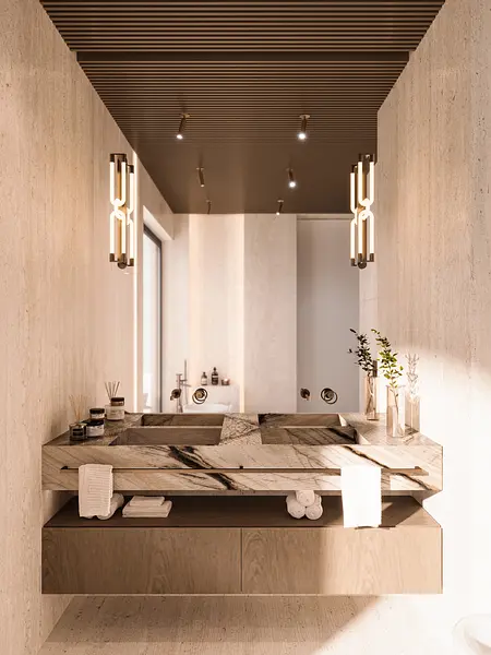 Nowoczesna łazienka z marmurową umywalką i drewnianymi detalami, styl quiet luxury.