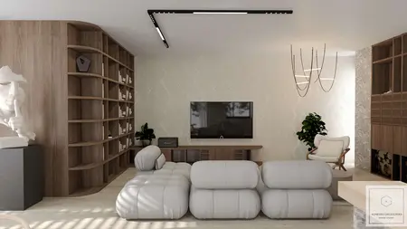Stylowy salon z dużą, wygodną sofą, drewnianymi półkami na książki, dekoracyjnym oświetleniem sufitowym, telewizorem na ścianie oraz roślinami