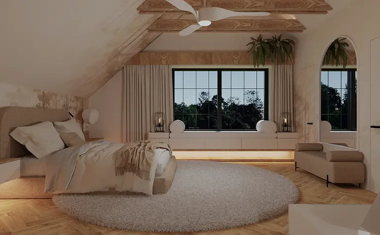 Wnętrze sypialni z beżowym łóżkiem, oknem, roślinami i drewnianymi akcentami.