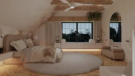 Wnętrze sypialni z beżowym łóżkiem, oknem, roślinami i drewnianymi akcentami.