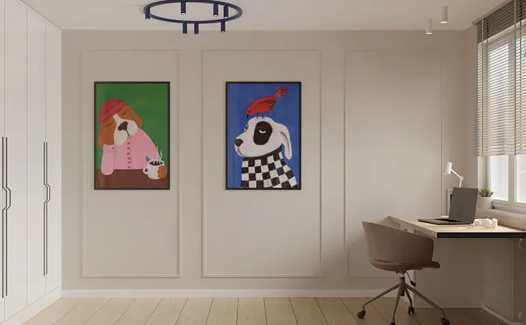 Wnętrze pokoju z biurkiem, obrazami w stylu japandi, minimalistycznym i nowoczesnym.