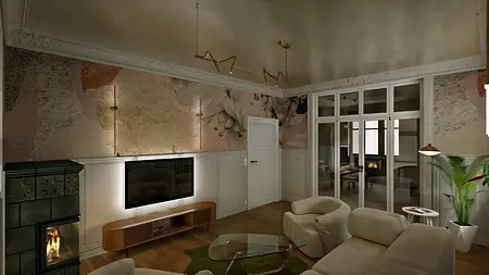 Wnętrze salonu w stylu art deco z eklektycznym dekorowaniem, minimalistyczne meble i vintage akcenty.