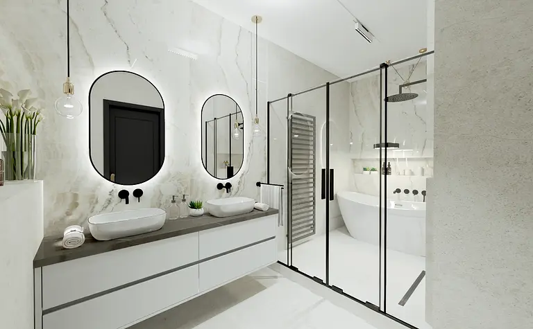 Nowoczesna łazienka z białą wanną, umywalkami i lustrem na tle marmurowych ścian.