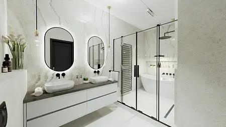 Nowoczesna łazienka z białą wanną, umywalkami i lustrem na tle marmurowych ścian.